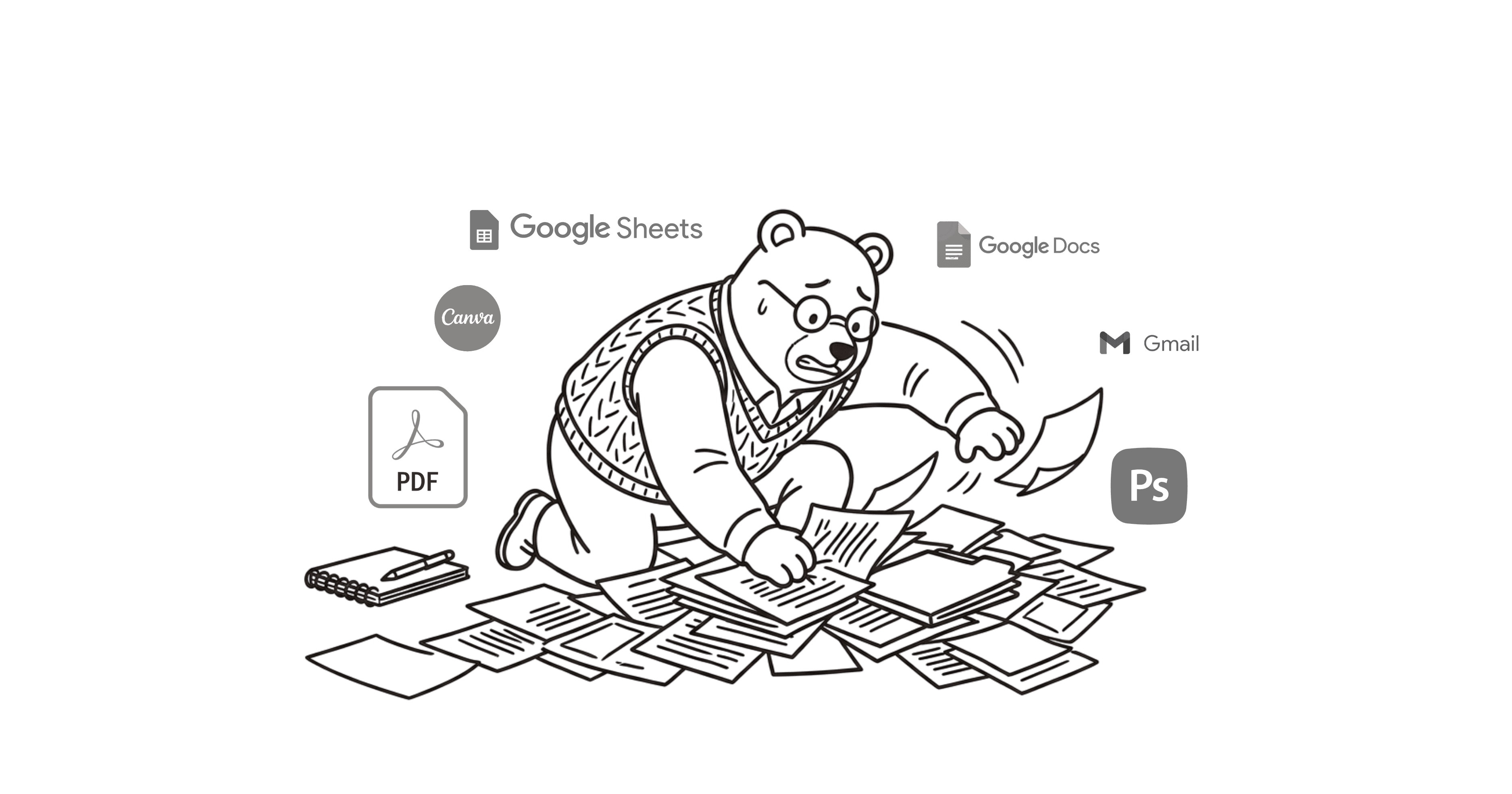 The TourSquad bear buried under paperwork, surrounded by Google Sheets, Google Docs, Canva, Gmail, Photoshop and a stack of PDFs