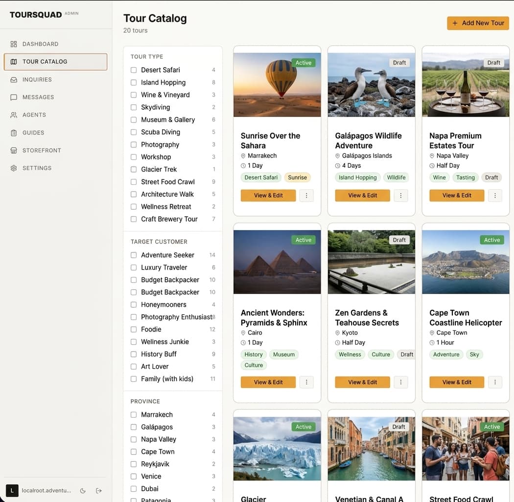 The tour catalog: 20 tours as photo cards, filtered by tour type, target customer and province