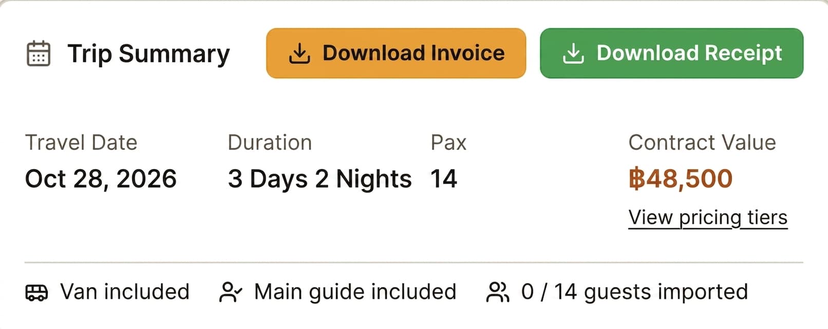 Trip summary with Download Invoice and Download Receipt buttons