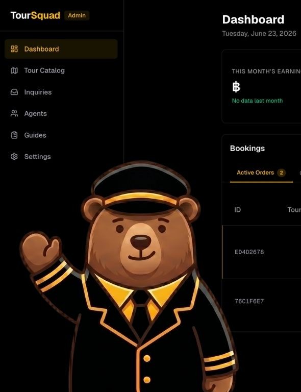 TourSquad operator dashboard with Captain Bear, the platform mascot